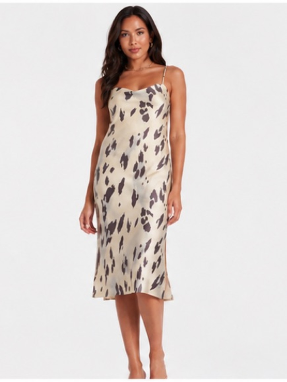 *NWT* Express Satin Slip Midi Dress with Neutral Animal Print - Beige